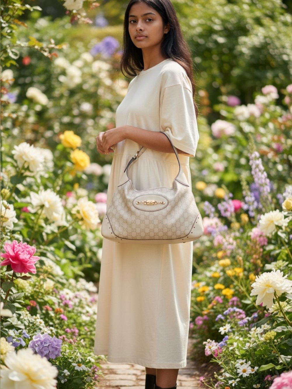 Gucci Beige Monogram Shoulder Bag with Gold Hardware Accents